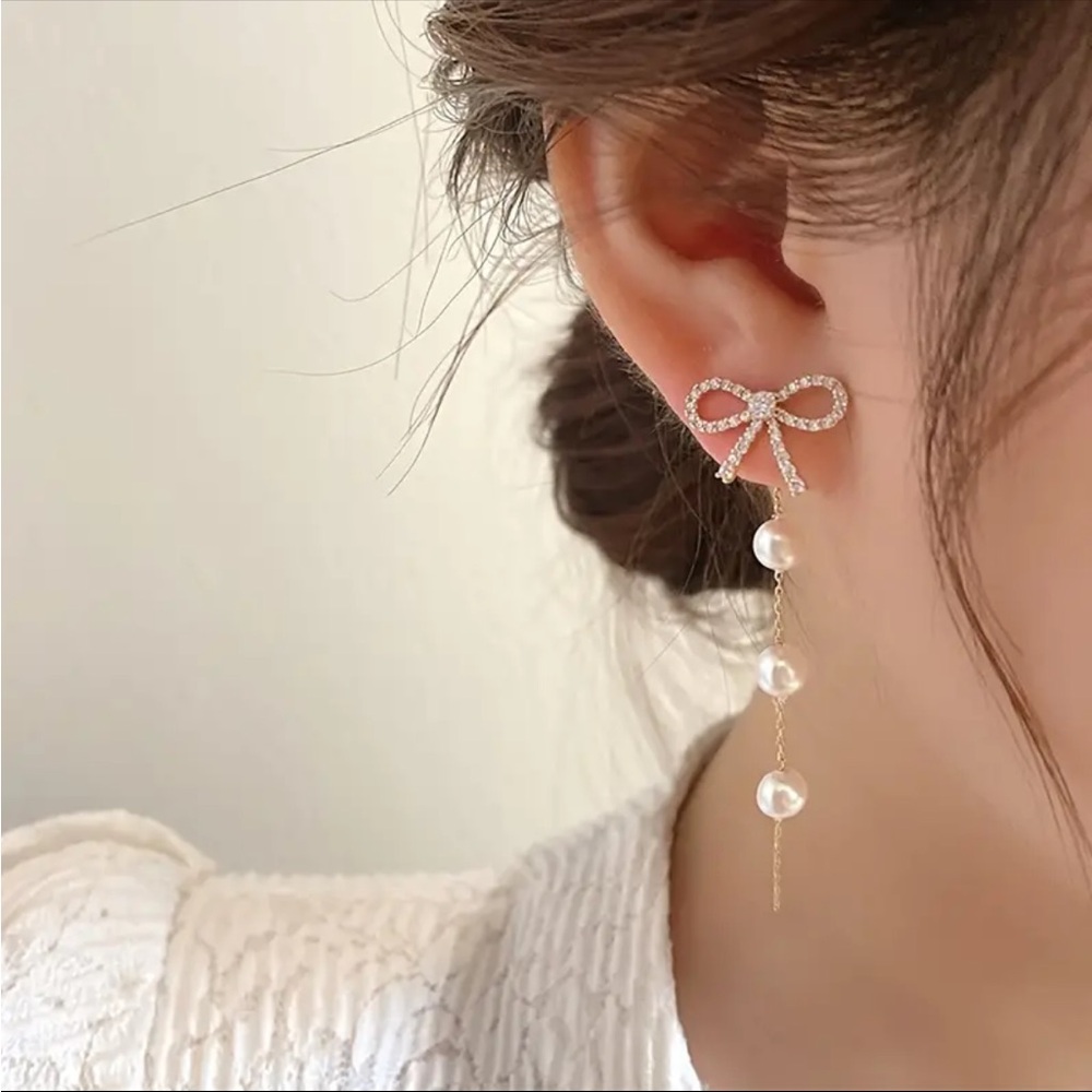 Rhinestone Bow and Faux Pearl Earrings, Bow Earrings